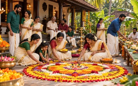 Illustration of a family laying a flower pookalam outside a Kerala home
