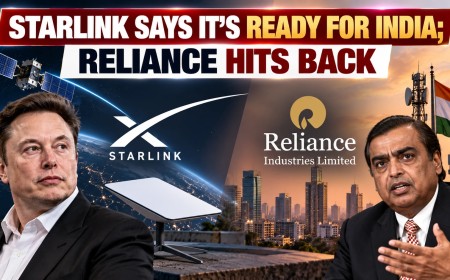 Illustration of Starlink and Reliance leaders with a satellite dish, satellites and mobile towers