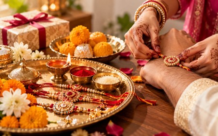 Illustration of hands tying a rakhi beside a decorated thali