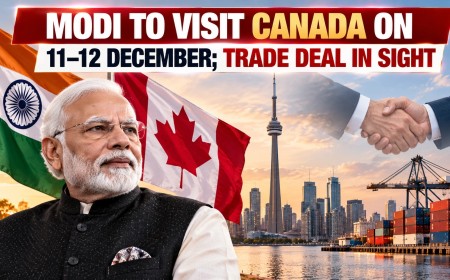 Illustration of the Indian Prime Minister with India and Canada flags, the Toronto skyline and a handshake