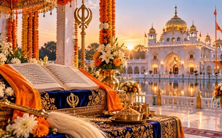 Illustration of a decorated gurdwara at sunset with flowers and karah prasad in the foreground