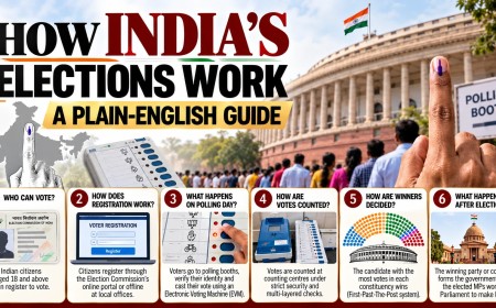 Illustration showing six steps of India's election process from voter registration to government formation