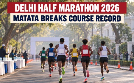 Illustration of runners seen from behind on a tree-lined Delhi road heading toward a finish arch