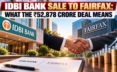 Illustration of a handshake between IDBI Bank and Fairfax buildings, with a signed agreement and stacks of coins