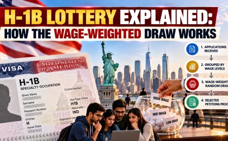 Illustration of the H-1B wage-weighted lottery steps with a sample visa and students at a laptop