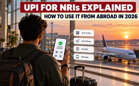 Illustration of a traveller at an airport window checking a successful payment on a phone, with payment options beside it