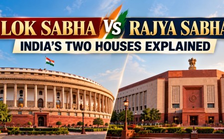 Illustration showing the old and new Parliament buildings representing Lok Sabha and Rajya Sabha
