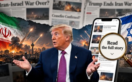 Illustration of Donald Trump in front of newspaper headlines asking whether the Iran war is over