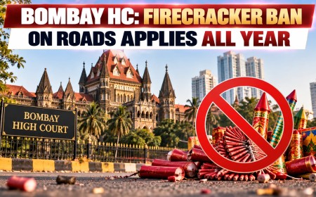 Illustration of the Bombay High Court building with firecrackers on a road under a red prohibition sign