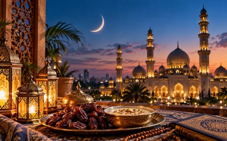 Illustration of a crescent moon over a mosque with lanterns and a plate of dates