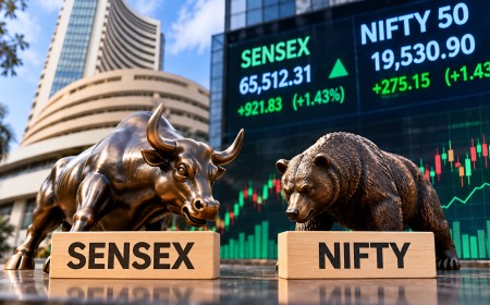 Bull and bear statues beside Sensex and Nifty blocks, with a market screen behind.