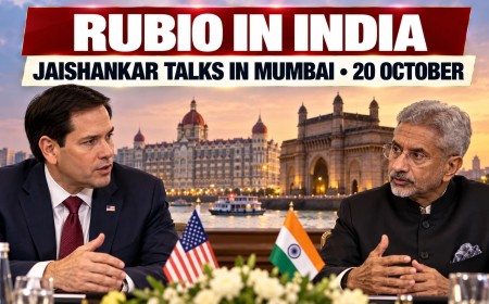 Illustration of US and Indian ministers in talks at a table in Mumbai with the Gateway of India behind