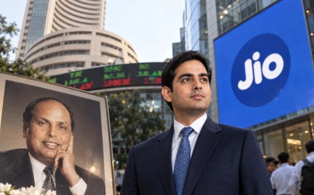Illustration of a young executive outside a stock exchange building beside a framed portrait and a large Jio sign
