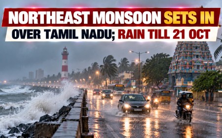 Illustration of heavy rain and high waves on a Tamil Nadu seafront road with a lighthouse and temple tower