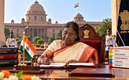A President signing papers at a desk, with Rashtrapati Bhavan and ceremonial guards behind.