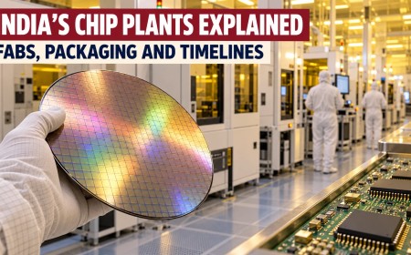 Illustration of a gloved hand holding a silicon wafer inside a semiconductor cleanroom, with a circuit board in the foreground