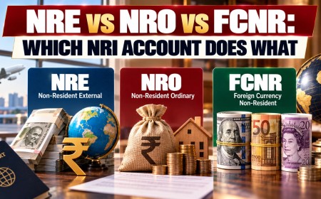 Illustration comparing NRE, NRO and FCNR accounts with rupee notes, a money bag and foreign currency