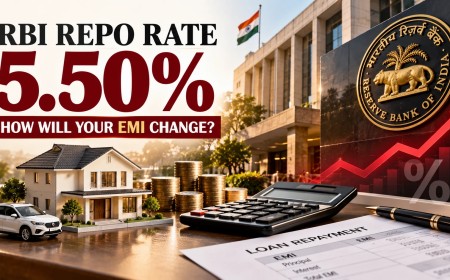 Illustration of the RBI building with a 5.50 percent repo rate and EMI impact elements