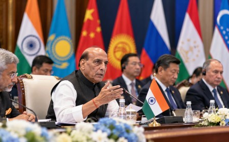 Illustration of delegates at a conference table in front of national flags of SCO member countries