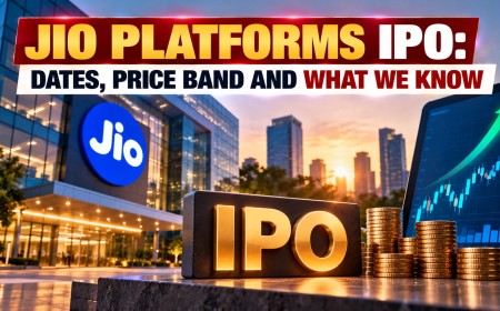 Illustration of an office building with the Jio sign, a gold IPO block, coins and a rising market chart