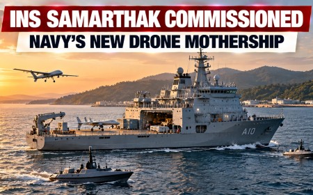 Illustration of a naval drone mothership at sea with a drone overhead and two unmanned boats alongside