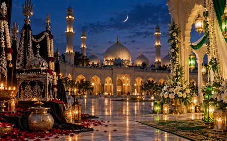 Illustration of a mosque courtyard at night with alams, lanterns and white flowers