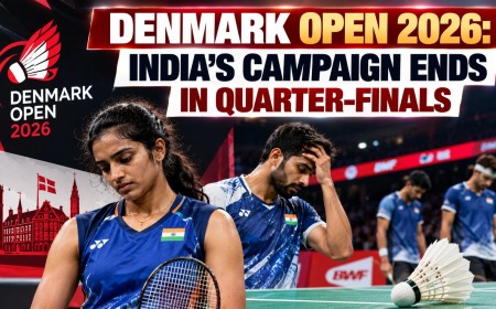 Illustration of disappointed Indian badminton players on court at the Denmark Open