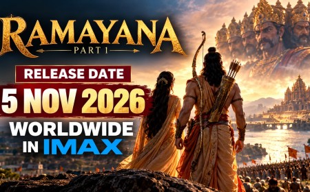 Illustration of the Ramayana movie poster showing Ram and Sita with the 5 November 2026 release date