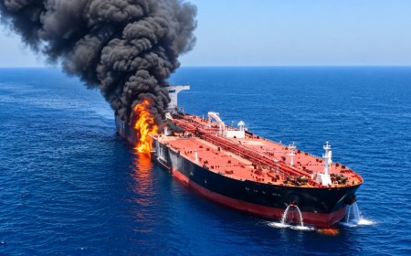 Illustration of an oil tanker at sea with smoke and fire on deck