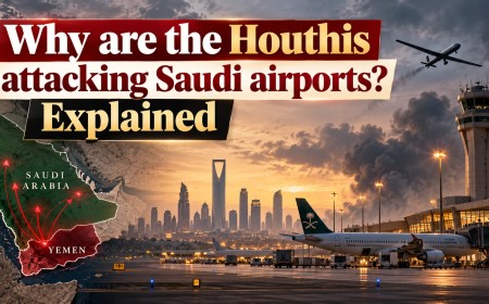 Illustration of a map of Yemen and Saudi Arabia beside a Riyadh airport under a smoky sky