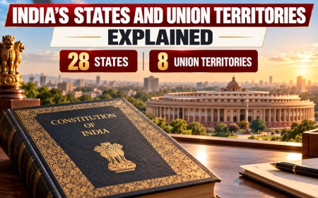 Illustration of the Constitution of India on a desk with Parliament House behind and labels for 28 states and 8 union territories