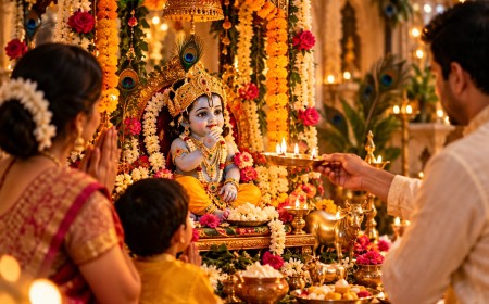 Illustration of a family performing aarti before a decorated idol of baby Krishna