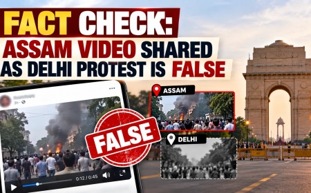Illustration of a social media video marked False, comparing an Assam scene with a Delhi label beside India Gate