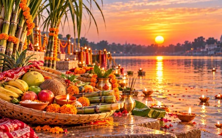 Illustration of Chhath offerings in bamboo baskets on a riverbank at sunset