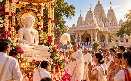 Illustration of devotees at a decorated Jain idol outside a white marble temple