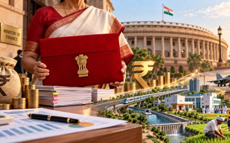 A red Budget folder held in front of Parliament, with images of rail, health and farm spending.