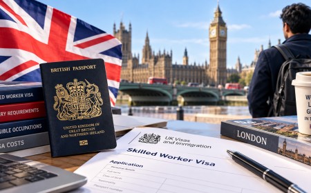 A UK passport and a Skilled Worker visa form on a desk with the Houses of Parliament behind.
