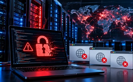 Illustration of a laptop showing a broken red padlock and warning sign in a server room, with failed website windows and a world map