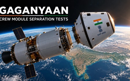Illustration of the Gaganyaan crew module separating from the service module in orbit above Earth