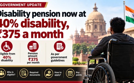 Illustration of a person in a wheelchair near a government building with the Indian flag