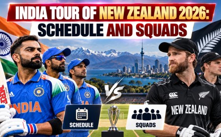 Illustration of India and New Zealand cricketers facing each other with the Auckland skyline behind