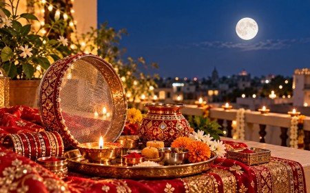 Illustration of a Karva Chauth thali and sieve on a rooftop under a full moon