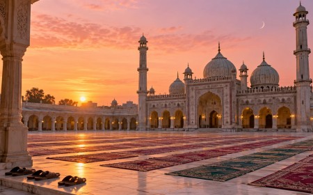Illustration of prayer mats laid out in a mosque courtyard at sunrise