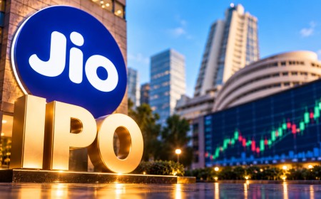 Illustration of a Jio sign and large golden IPO letters outside a stock exchange building with a rising market chart