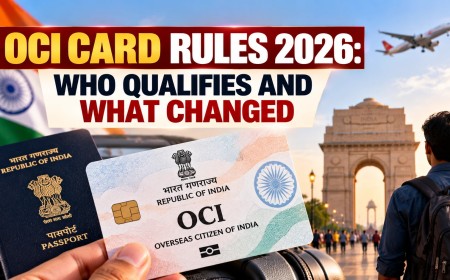 Illustration of an OCI card and Indian passport held in front of India Gate