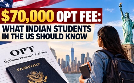 Illustration of an Indian student looking at the Statue of Liberty with OPT documents and passport