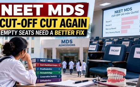Illustration of a dental student with NEET MDS cut-off scores and empty lecture hall seats
