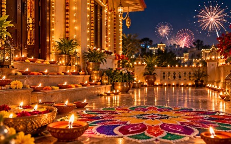 Illustration of lit diyas, a rangoli and fireworks outside a home at night