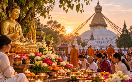 Illustration of devotees offering lamps and flowers before a Buddha statue and a stupa