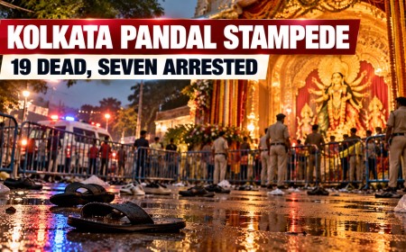 Illustration of a barricaded Durga Puja pandal at night with police and abandoned footwear on a wet road